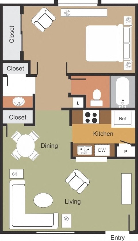 A floor plan of a house with a living room, dining room, kitchen, and three closets.